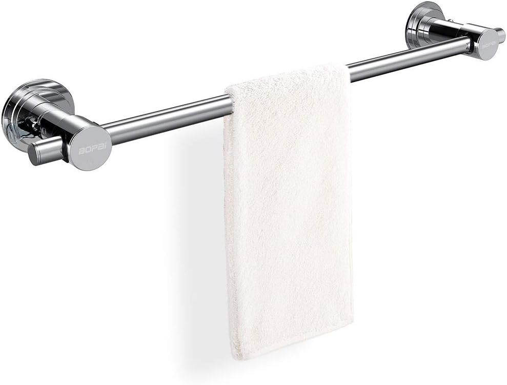 BOPai 24 inch Vacuum Suction Cup Towel Bar. Removeable Shower Mat Rod Shower Door Adhesive Towel Bar Suction Towel Rack. Premium Chrome