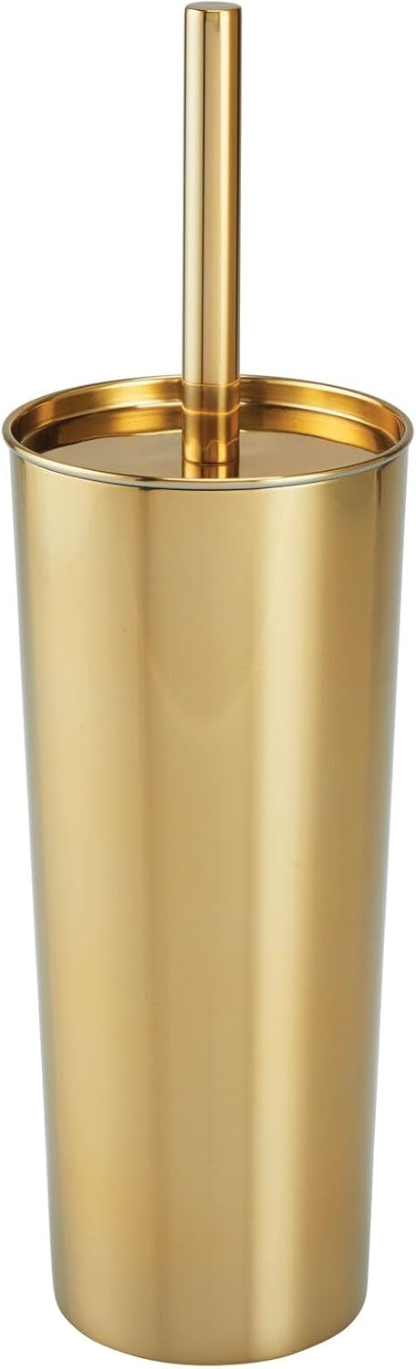 mDesign Stainless Steel Toilet Bowl Brush and Holder Set. Modern Metal Compact Storage Organizer Cleaner Scrubber for Toilet - Heavy Duty Cleaning Plunger for Bathroom. Mirri Collection. Soft Brass