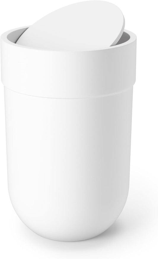 Umbra Touch Waste Can. Small Trash Can with Lid. Swing Lid Waste Basket. Garbage Can with Lid for Washroom/Bathroom. Soft Touch. Matte White Finish