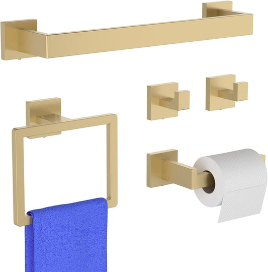 Brushed Gold 5-Pieces Bathroom Hardware Set. SUS304 Rustproof Steel 16 Rectangle Bathroom Towel Racks Accessories Set. Luxury Hotel Grade Organization Hardware Kit