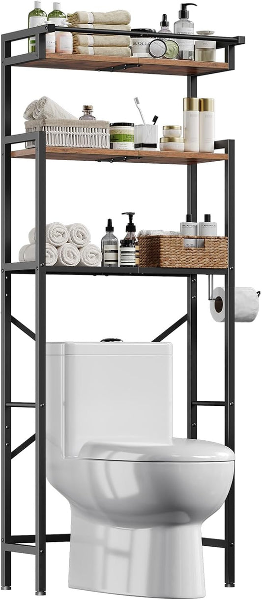 HOOBRO Over-The-Toilet Storage Rack. 3-Tier Bathroom Shelves Above Toilet. Bathroom Organizer with Toilet Paper Hook. Laundry Room. Space Saver. Rustic Brown and Black BF21TS01