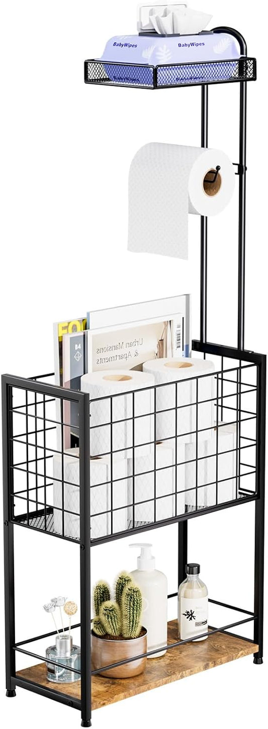 SWTYMIKI Freestanding Toilet Paper Holder - 4-Tier Free Standing Toilet Paper Holder Stand with Large Basket. Stand Mega Roll Storage Rack for Extra Rolls. Magazines. Wet Wipes. Black