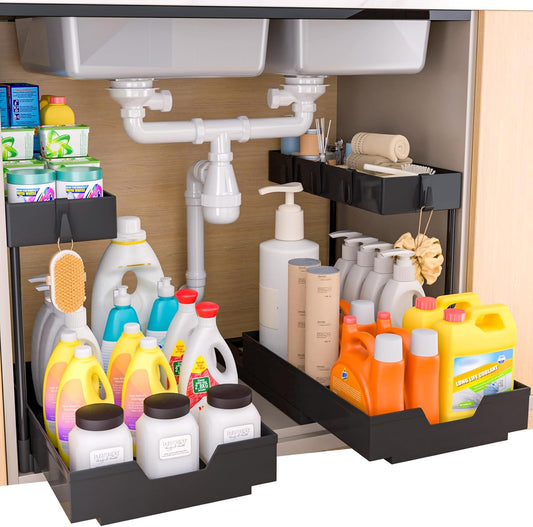 2-Tier Under Sink Organizers 2 Pack Sliding L-shape Cabinet Organizers Narrow Space Storage Shelves Multi-purpose Sink Organizer Baskets with 4 Hook for Kitchen Bathroom Drawer. Black