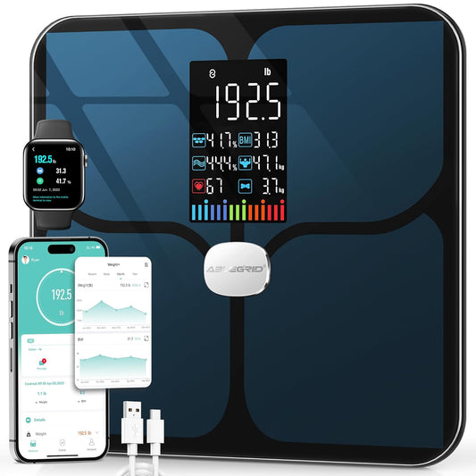 ABLEGRID Body Fat Scale.Digital Smart Bathroom Scale for Body Weight. Large Color Display Screen. 16 Body Composition Metrics BMI. Water Weigh. Heart Rate. Baby Mode. 400lb. Rechargeable