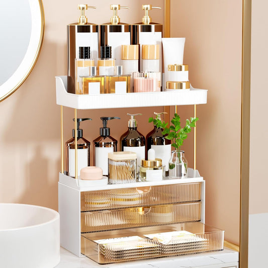 3 Drawers Makeup Organizer - 5 Tier Bathroom Organizers and Storage. Versatile Perfume Vanity Organizer. Ideal for Cosmetic. Large Skincare. Face Mask. Office Supplies. Amber