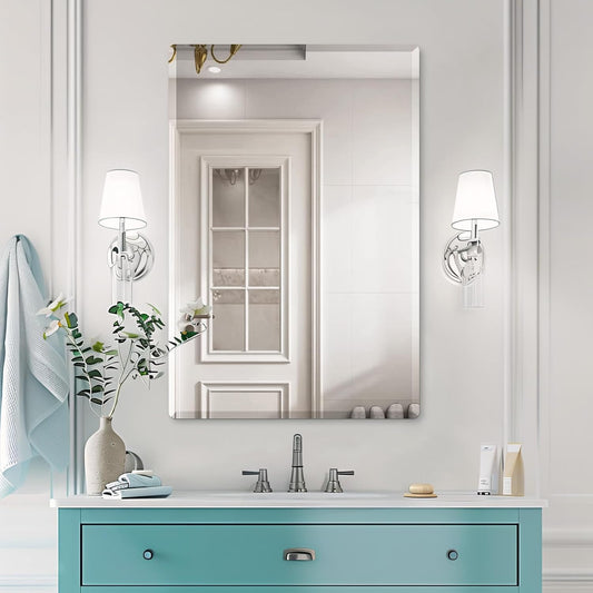 Mirrorons Beveled Mirror. Wall Mirror 24 x 36. Frameless Rectangle Bathroom Mirror with Beveled Edge. Hangs Horizontally or Vertically. Rounded Corner Tempered Mirror