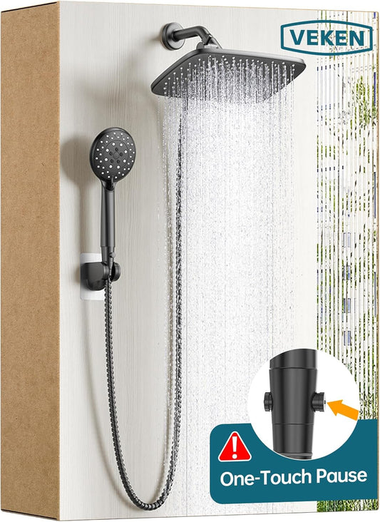 Veken 11.8 Inch Rain Shower Head with Handheld- High Pressure Dual Shower Heads with 5 Modes Handheld Spray Combo- Wide Rainfall Showerhead with Hose. Bathroom Accessories. Matte Black