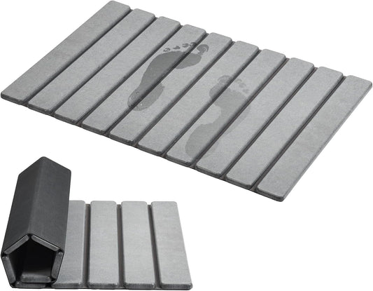 AWW Foldable Stone Bath Mat. Super Absorbent Diatomaceous Earth Mats. Non-Slip 23.6 x 15.5 Inch Quick Drying Mat. Compact and Easy to Store Bath Mats for Bathroom. Easy to Clean. Grey