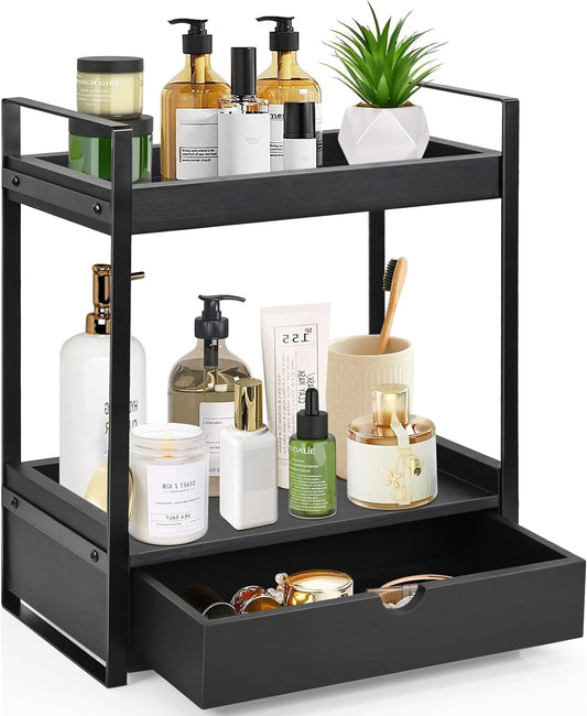2-Tier Bathroom Organizer Countertop with Drawer. Wood Counter Shelf for Storage. Vanity Tray for Organization and Decor. Countertop Organizer for Bathroom. Kitchen. Office (Black)