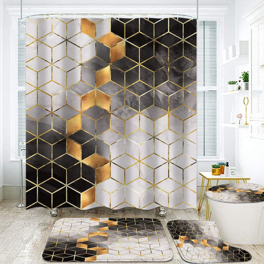 4Pcs Brown Gradient Shower Curtain Set. Modern Geometric Shower Curtain Set Golden Cubic Lines Bathroom Set Texture Art Bath Accessories with Mats