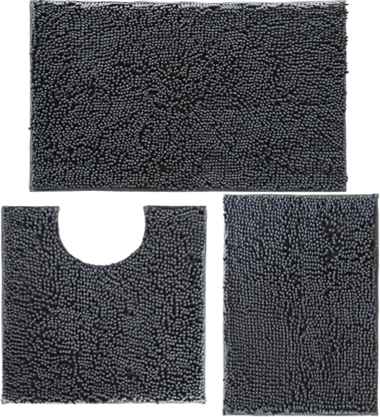 Bathroom Rugs Set Non Slip 3 Piece Bath Mat Washable Chenille Bath Rugs with PVC Backing Bath Carpet.Absorbent Bathroom Mats with Toilet Rug.Bath Mats for Bathroom.Bedroom. Kitchen.Tub.Home Decor