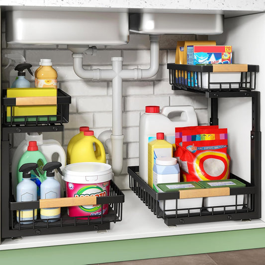 Under Sink Organizer. 2 Packs 2 Tier Under Sink Organizers and Storage. Slide Out Pull Out Cabinet Organizer Shelf. Metal Sliding Drawer for Kitchen Bathroom Pantry Cabinet Closet Organization Rack