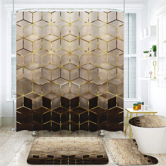 4Pcs Brown Gradient Shower Curtain Set. Modern Geometric Shower Curtain Set Golden Cubic Lines Bathroom Set Texture Art Bath Accessories with Mats